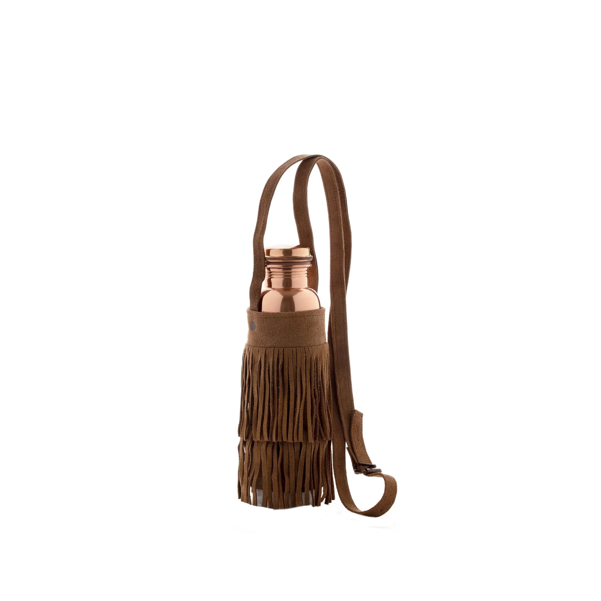 Upgrade your hydration style with this fabulous handcrafted suede fringe bottle carrier! Available at vayuliving.com