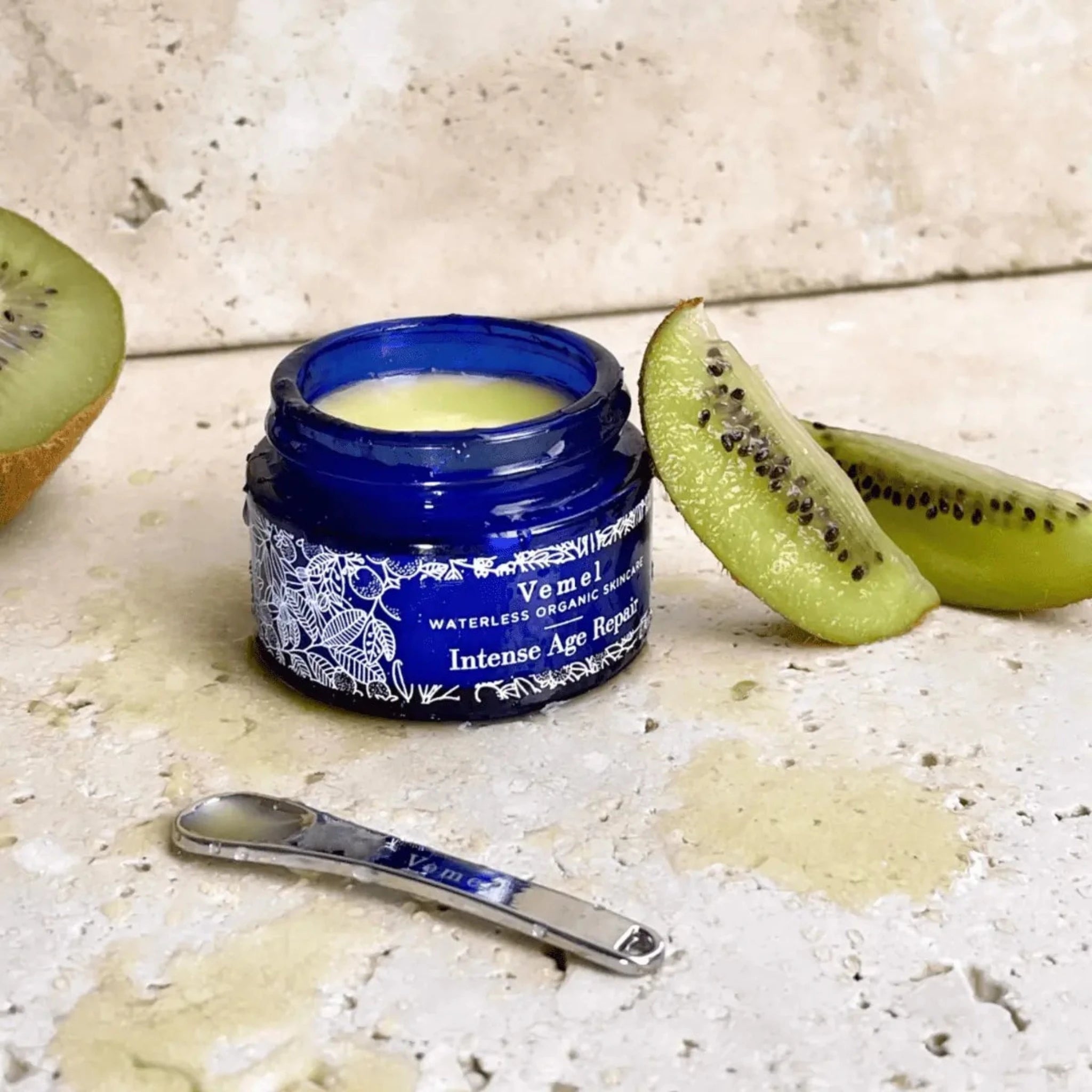 Vemel Intense Age Repair. This multi-tasking, award-winning repair nectar is designed to prevent moisture loss, revealing firmer, more toned skin for a youthful glow, specifically targeting the delicate areas around your eyes and lips. Available at Vayu Living.