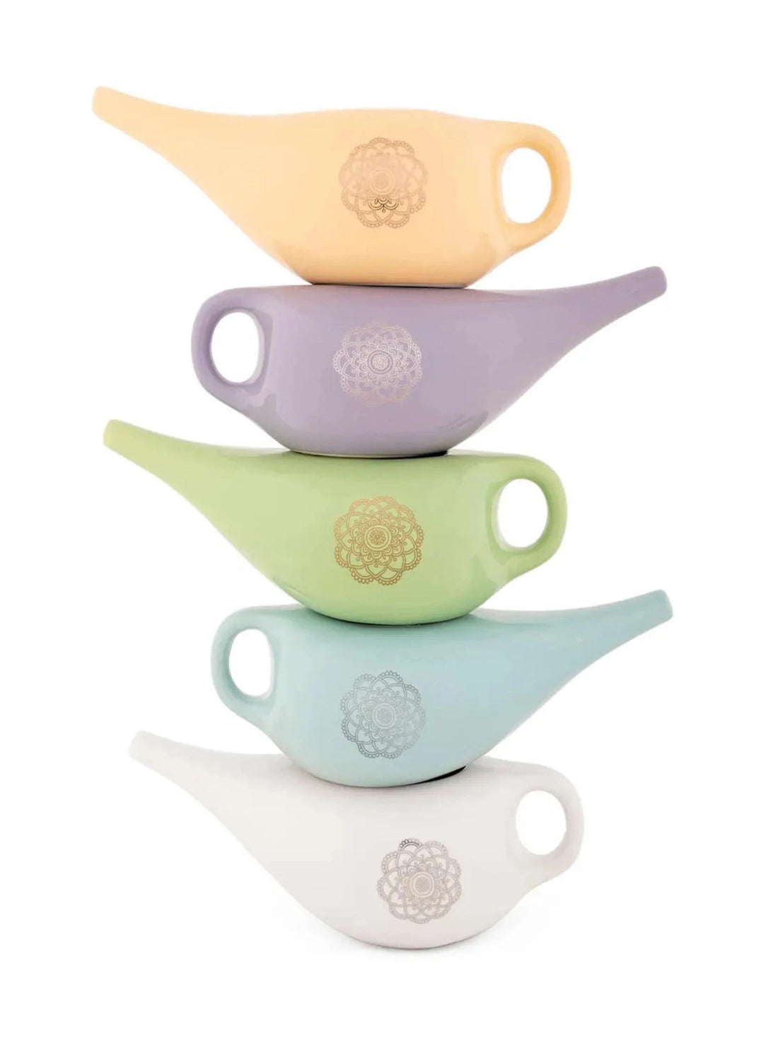 Experience the beauty and functionality of this cute glazed ceramic Neti pot, adorned with a mandala design. Available at Vayu Living.