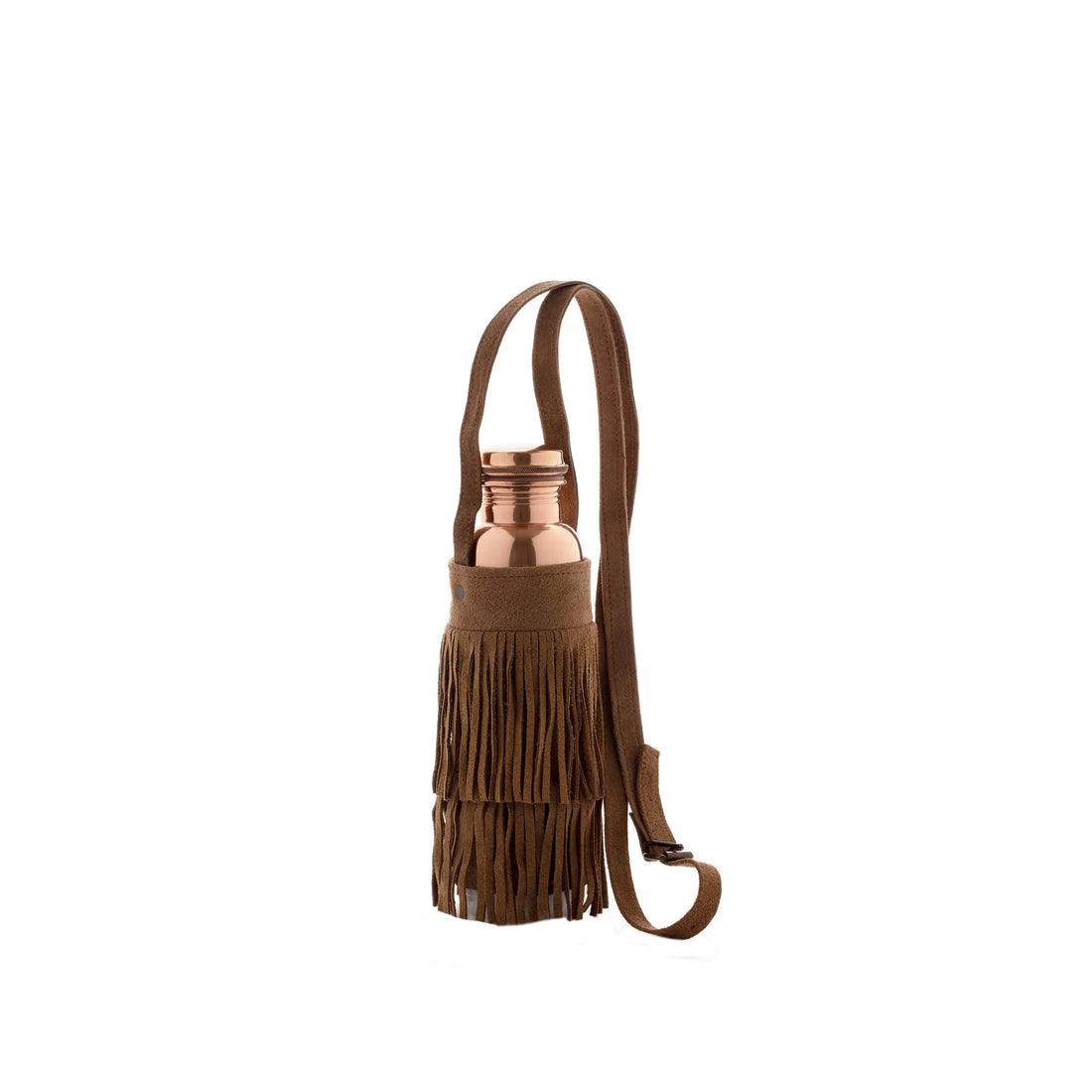 Upgrade your hydration style with this fabulous handcrafted suede fringe bottle carrier! Available at vayuliving.com