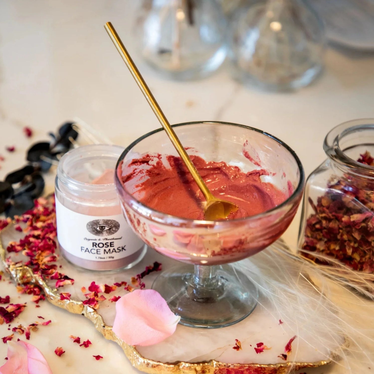 Anima Mundi Rose face Mask, a high-vibrational blend of antioxidant-rich flowers and fruits is designed to tighten, tone, and detoxify the skin. Available at Vayu Living.
