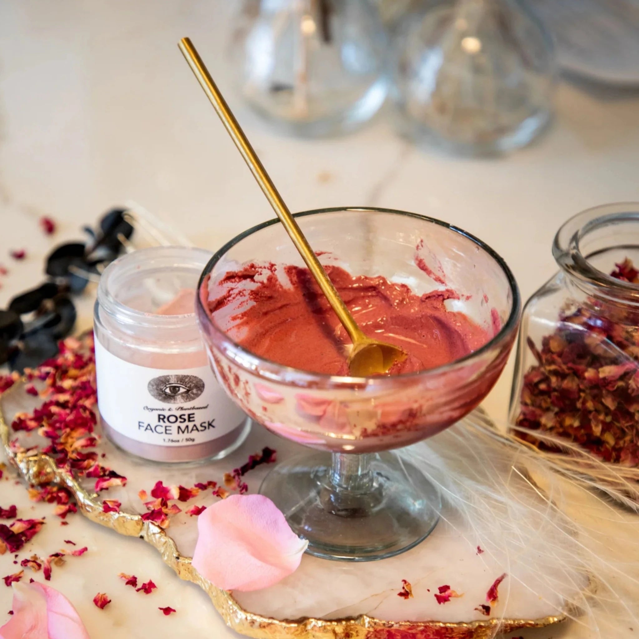 Anima Mundi Rose face Mask, a high-vibrational blend of antioxidant-rich flowers and fruits is designed to tighten, tone, and detoxify the skin. Available at Vayu Living.
