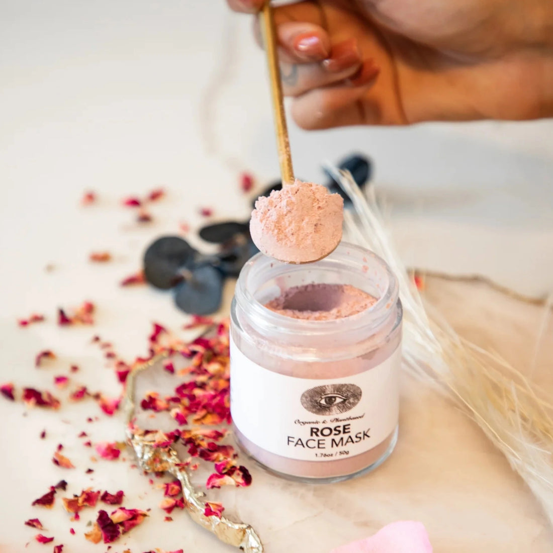 Anima Mundi Rose face Mask, a high-vibrational blend of antioxidant-rich flowers and fruits is designed to tighten, tone, and detoxify the skin. Available at Vayu Living.