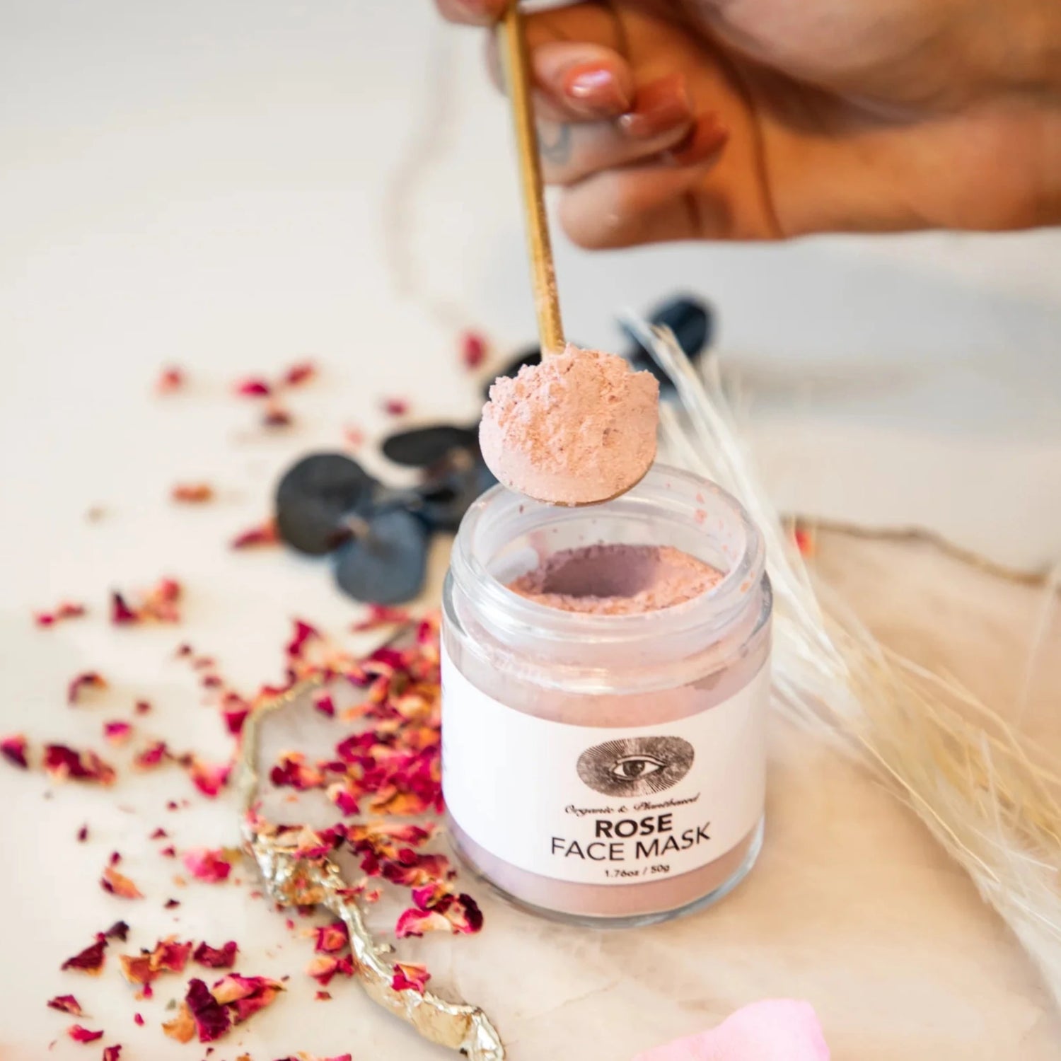 Anima Mundi Rose face Mask, a high-vibrational blend of antioxidant-rich flowers and fruits is designed to tighten, tone, and detoxify the skin. Available at Vayu Living.